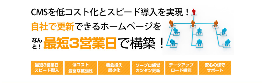 CMSを低コスト化とスピード導入実現!自社で更新できるホームページなんと!最短3営業日で構築! 1:最短3営業日スピード導入 2:低コスト豊富な拡張性 3:機会損失最小化 4:ワープロ感覚カンタン更新 5:データアップロード機能 6:安心の保守サポート
